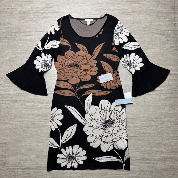 London Times Bell Sleeve Floral Print Sheath Sweater Dress NWT Women's XL Black - Picture 1 of 9